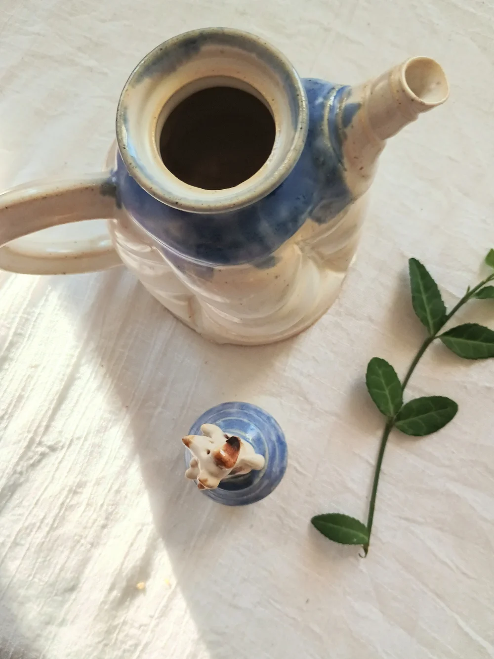 💙 STUDIO POTTERY 💙 Artisan, Hand-Thrown Pottery Teapot w Dog Accent, Quiet Lux
